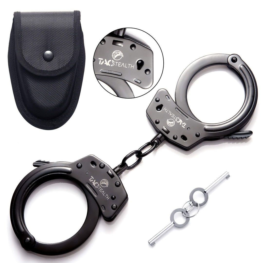 Steel Handcuffs with Two Keys &amp; Handcuffs Case | Heavy Duty Black Steal Professional Grade | Bend/Break Free Secure Handcuffs