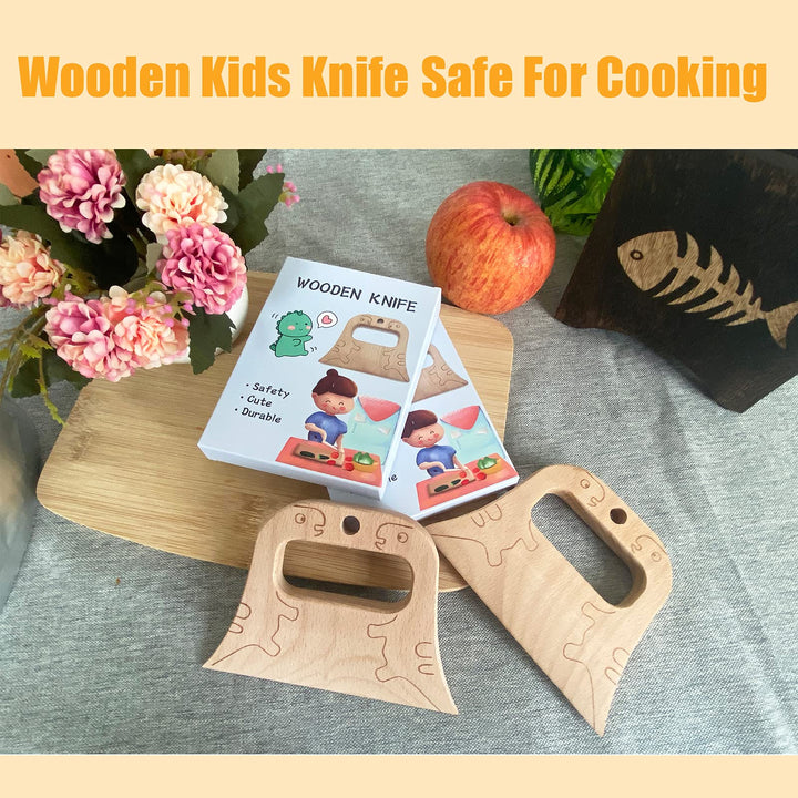Wooden Kids Knife for Cooking and Safe Cutting Veggies Fruits, Cute Dinosaur Shape Kids Kitchen Tools, 2-10 Years Old Applicable