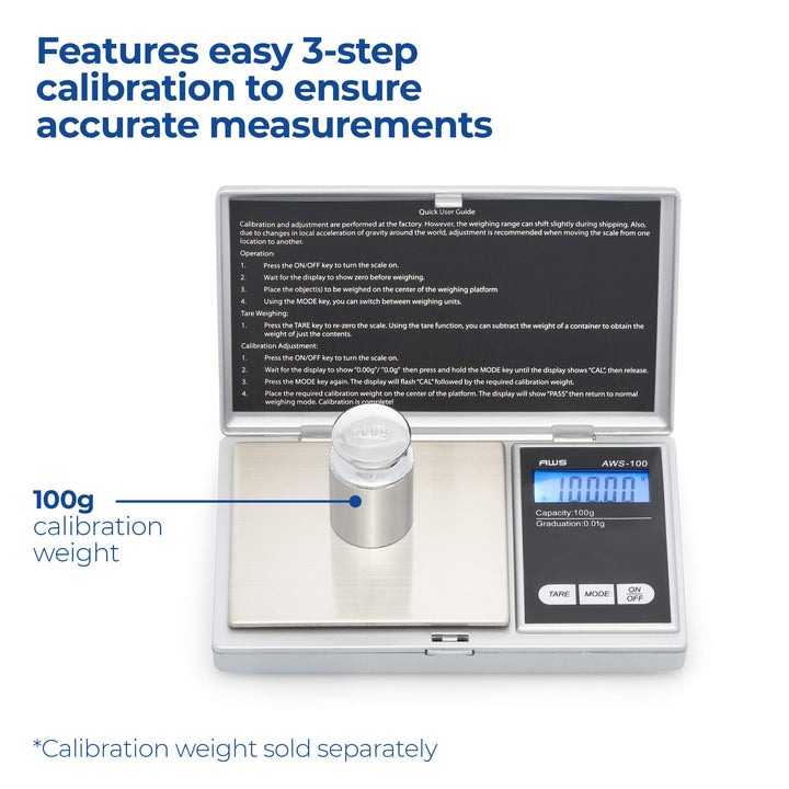 American Weigh Scales Series Digital Pocket Weight Scale Backlit LCD Stainless-Steel Surface 100g x 0.01g, (Silver), AWS-100-SIL