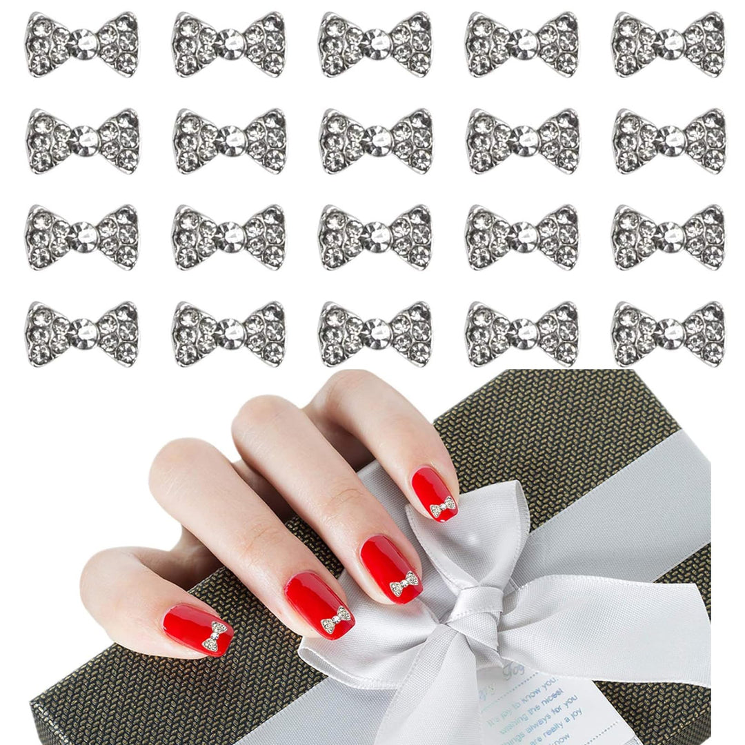 AUEAR, Charming 3D Nail Art Charms Bow Tie Rhinestones Crystal Pendant Decals DIY Decoration for Women Nail Art Beauty Design Jewelry Craft (Silver, 40 Pack)