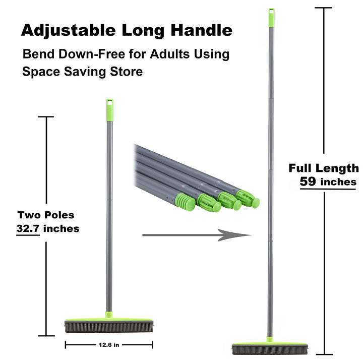Iamagie Push Broom Long Handle Rubber Bristles Sweeper Squeegee Edge 59 inches Non Scratch Bristle Broom for Pet Cat Dog Hair Carpet Hardwood Tile Windows Clean Water Resistant