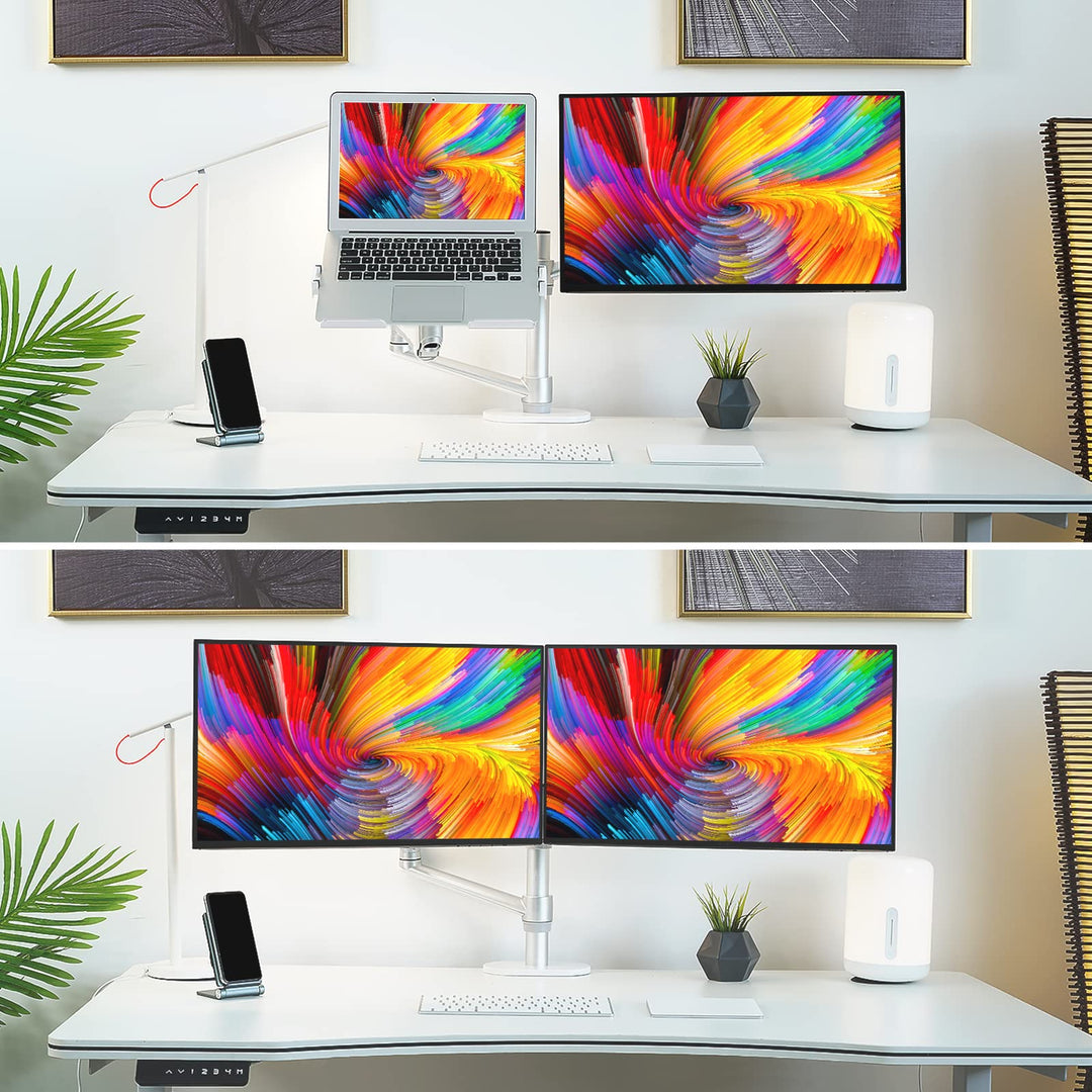 Monitor and Laptop Mount, 2-in-1 Adjustable Dual Monitor Arm Desk Stand, Single Gas Spring Arm with Laptop Tray for 12-17 Laptop. Single Arm Stand/Holder for 17-32 Computer Monitor(3L-Pro-b)