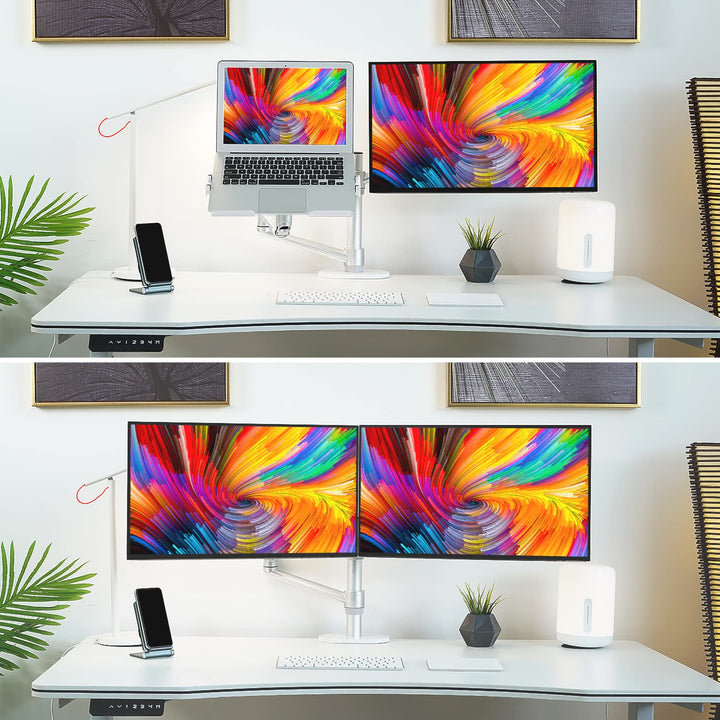 Monitor and Laptop Mount, 2-in-1 Adjustable Dual Monitor Arm Desk Stand, Single Gas Spring Arm with Laptop Tray for 12-17 Laptop. Single Arm Stand/Holder for 17-32 Computer Monitor(3L-Pro-b)