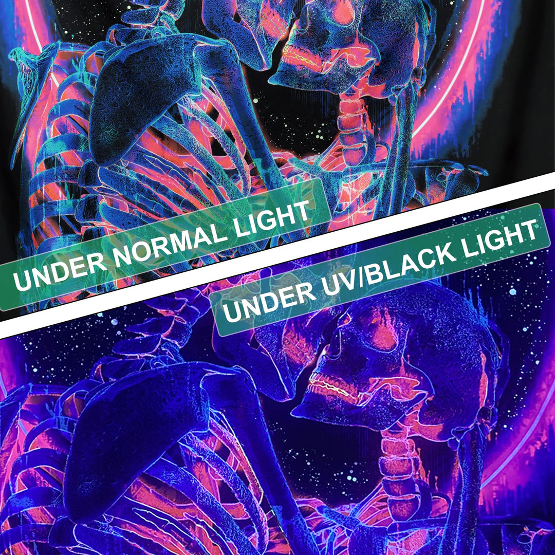 Blacklight Skull Tapestry, The Kissing Lovers Tapestry UV Reactive Trippy Neon Tapestries Glow in the Dark Party Backdrop, Skeleton Wall Art for Bedroom Living Room – 51.2 x 59.1