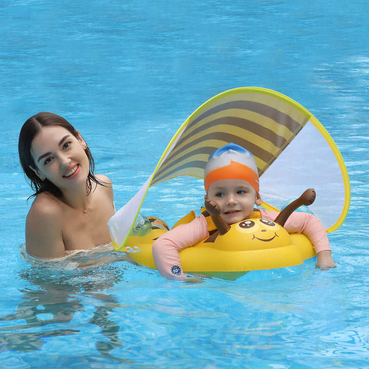 Inflatable Baby Pool Float Ring Size Improved Bumble Bee Toddler Swim Trainer with Canopy for Age of 3-36 Months (Yellow, Large)