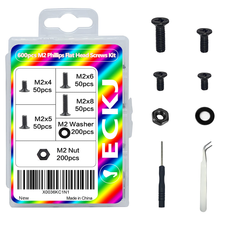 600pcs M2 Laptop Notebook Computer Replacement Screws, Phillips Flat Head Countersunk Machine Screw Bolts Nuts Washers Assortment Kit, M2 x 4mm/ 5mm/ 6mm/ 8mm for PC, SSD Repair, NVMe Drive Black