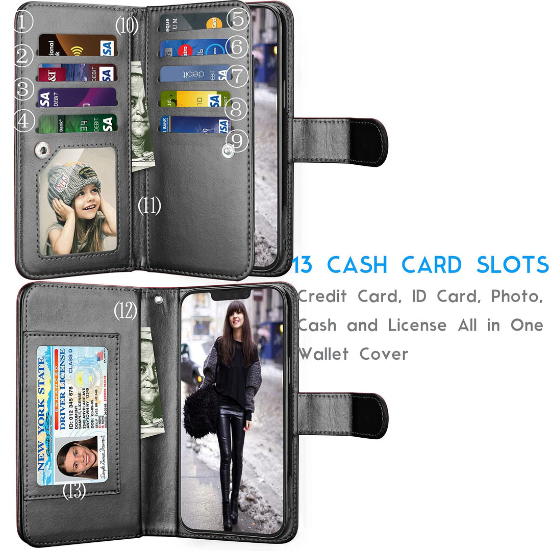 Wallet Case Compatible with iPhone 13 (6.1 inch) 2021 Luxury ID Cash Credit Card Slots Holder Carrying Pouch Folio Flip PU Leather Cover [Detachable Magnetic Hard Case] with Strap [Black]