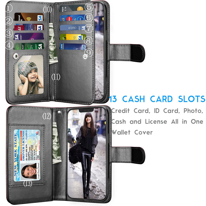 Wallet Case Compatible with iPhone 13 (6.1 inch) 2021 Luxury ID Cash Credit Card Slots Holder Carrying Pouch Folio Flip PU Leather Cover [Detachable Magnetic Hard Case] with Strap [Black]