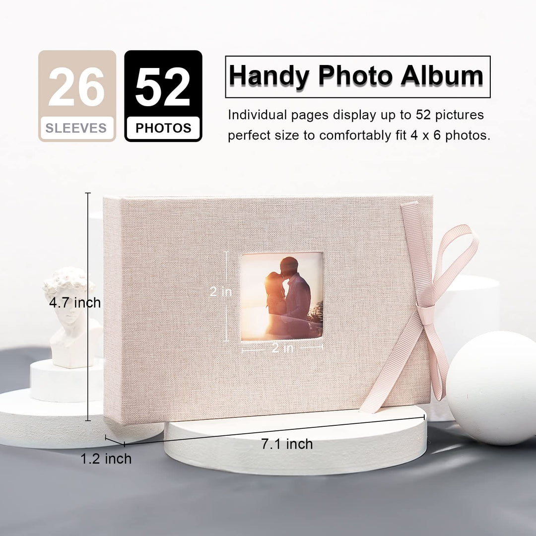 Small Photo Album 4x6, Mini Picture Book with 26 Pockets, Clear Pages Holds 52 Photos, Linen Fabric Cover Postcards Photobook Beige 2 Pack
