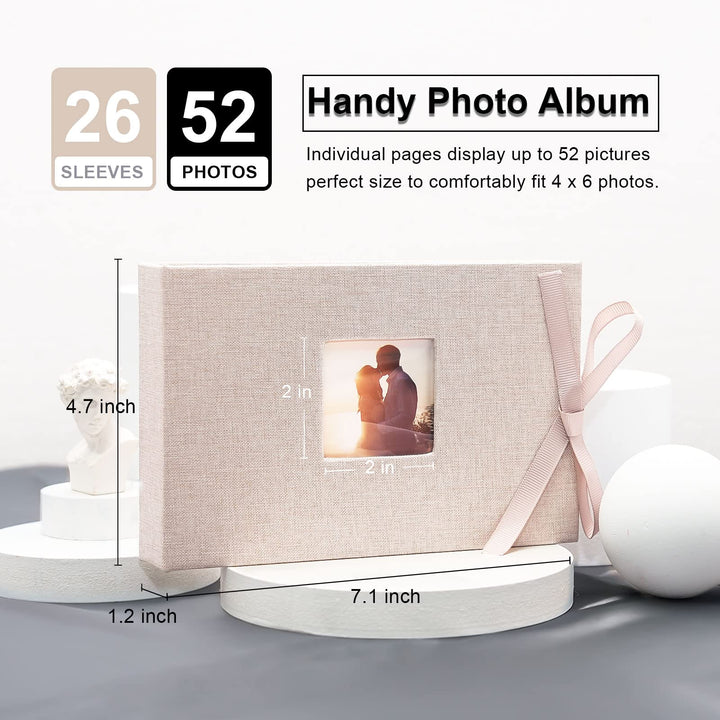 Small Photo Album 4x6, Mini Picture Book with 26 Pockets, Clear Pages Holds 52 Photos, Linen Fabric Cover Postcards Photobook Beige 2 Pack