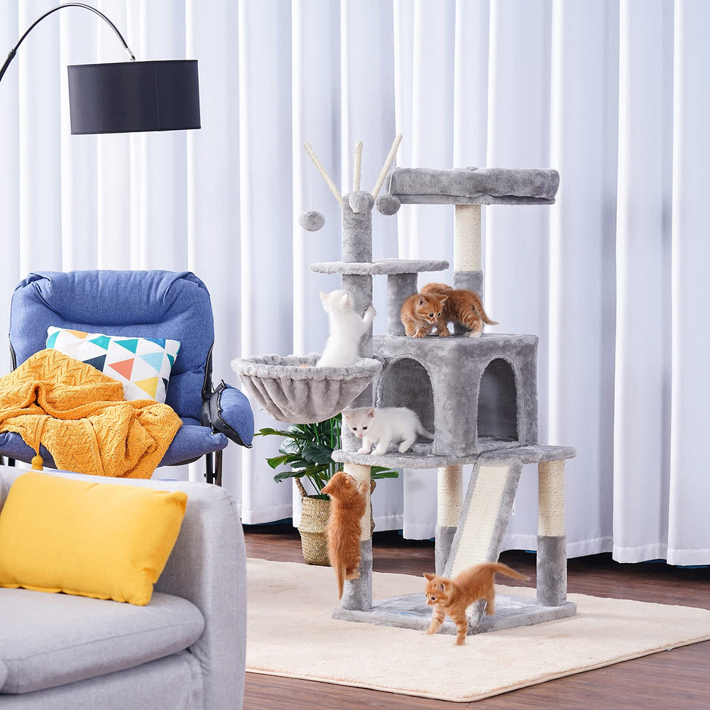 Cat Tree 46inch Cat Condo with Sisal Scratching Posts,Multi-Level Cat Tower with Scratching Board,Basket,Removable Fur Ball Sticks,Light Grey MPJ015W
