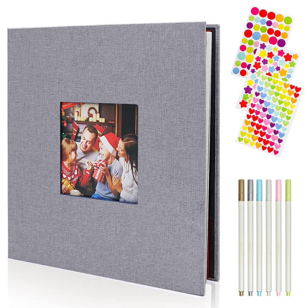 Photo Album Self Adhesive Scrapbook Album DIY Scrapbooking Book Length 13.2 x Width 12.8 (Inches) with 6pcs Metallic Pen,3pcs stickers,Grey