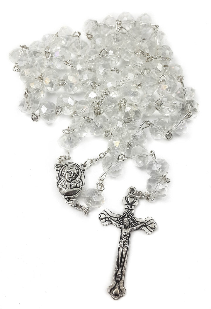 White Clear Crystal Beads Rosary Prayer Beaded Necklace with Holy Soil Medal and Jesus Cross Communion Rosary