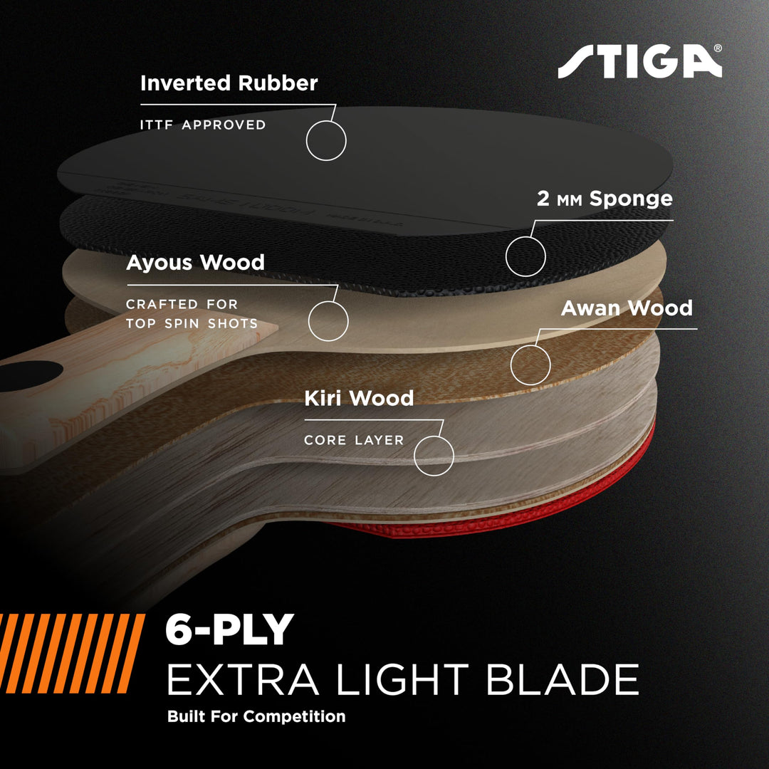 STIGA Nitro Performance Ping Pong Paddle - 6-ply Light Blade - 2mm Premium Sponge – Flared Handle for Exceptional Grip - Performance Table Tennis Racket for Serious Play