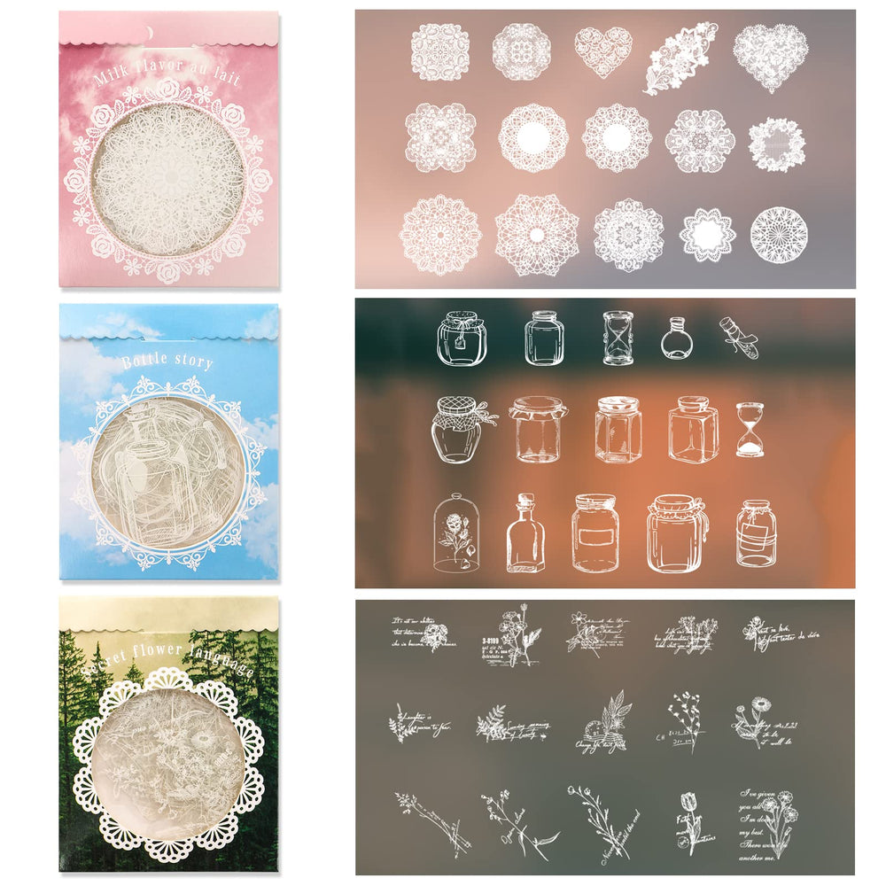 90 Pcs Transparent Lace Stickers,PET Vintage Decorative DIY Decals White Retro Aesthetic Journaling Crafts Supplies for Handmade Scrapbooking Planner Album Diary Photo Frames Notebook