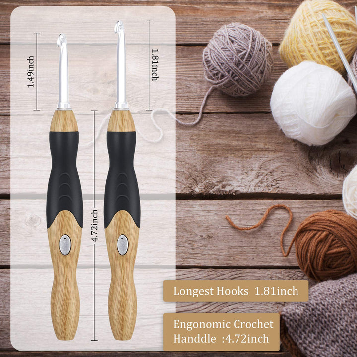 11 Sizes Lighted Crochet Hooks Set Rechargeable Light Up Crochet Hooks with Case, Interchangeable Heads 2.5 mm to 8 mm for DIY Craft Supplies (Wood Color-Black)