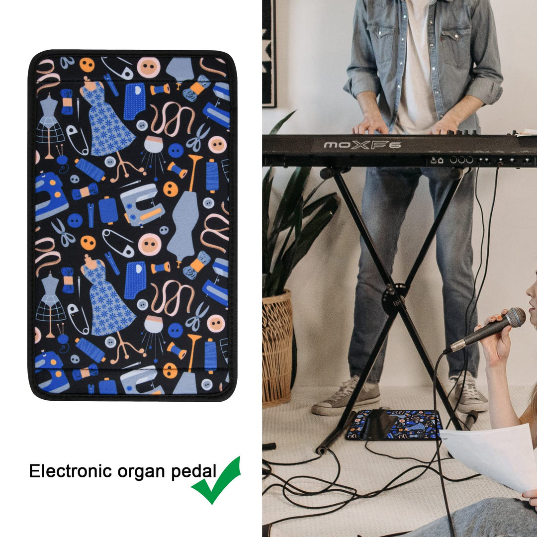 Sewing Machine Foot Pedal Pad Stay in Place Mat, Non Slip Rubber and Hook and Loop Pad to Keep Foot Pedal Steady on Hard Floor Carpet, Piano Pedal,12”x7”, 1/5” Thick (Black+Blue)