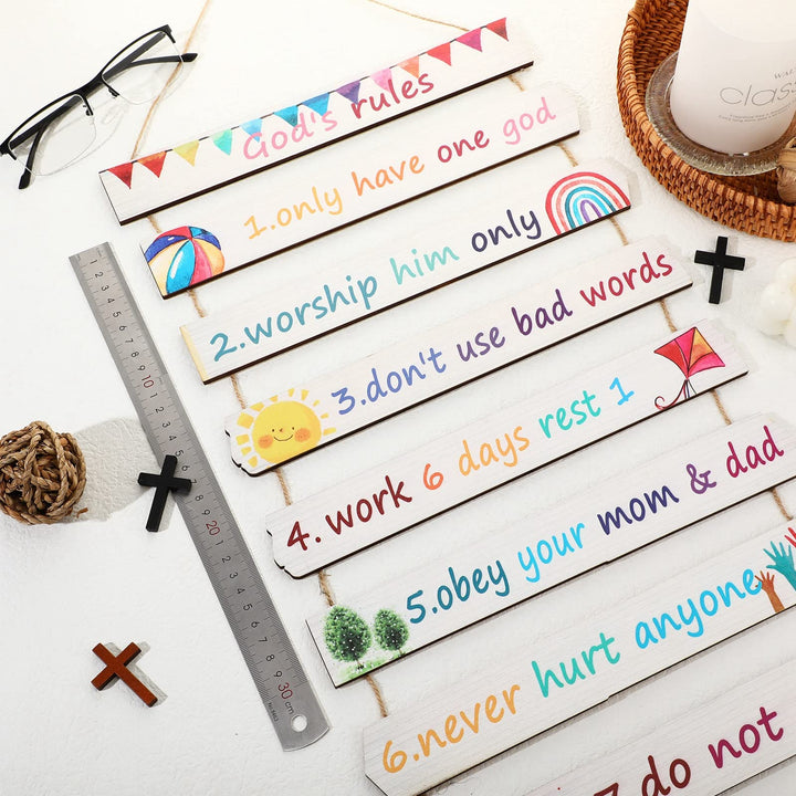 God Rules Sign Wall Decor 11 Pieces Wooden Hanging Wall Art Inspirational Religious Art Wall Decors Ten Commandments for Bedroom Classroom Playroom Decor Christian Gift