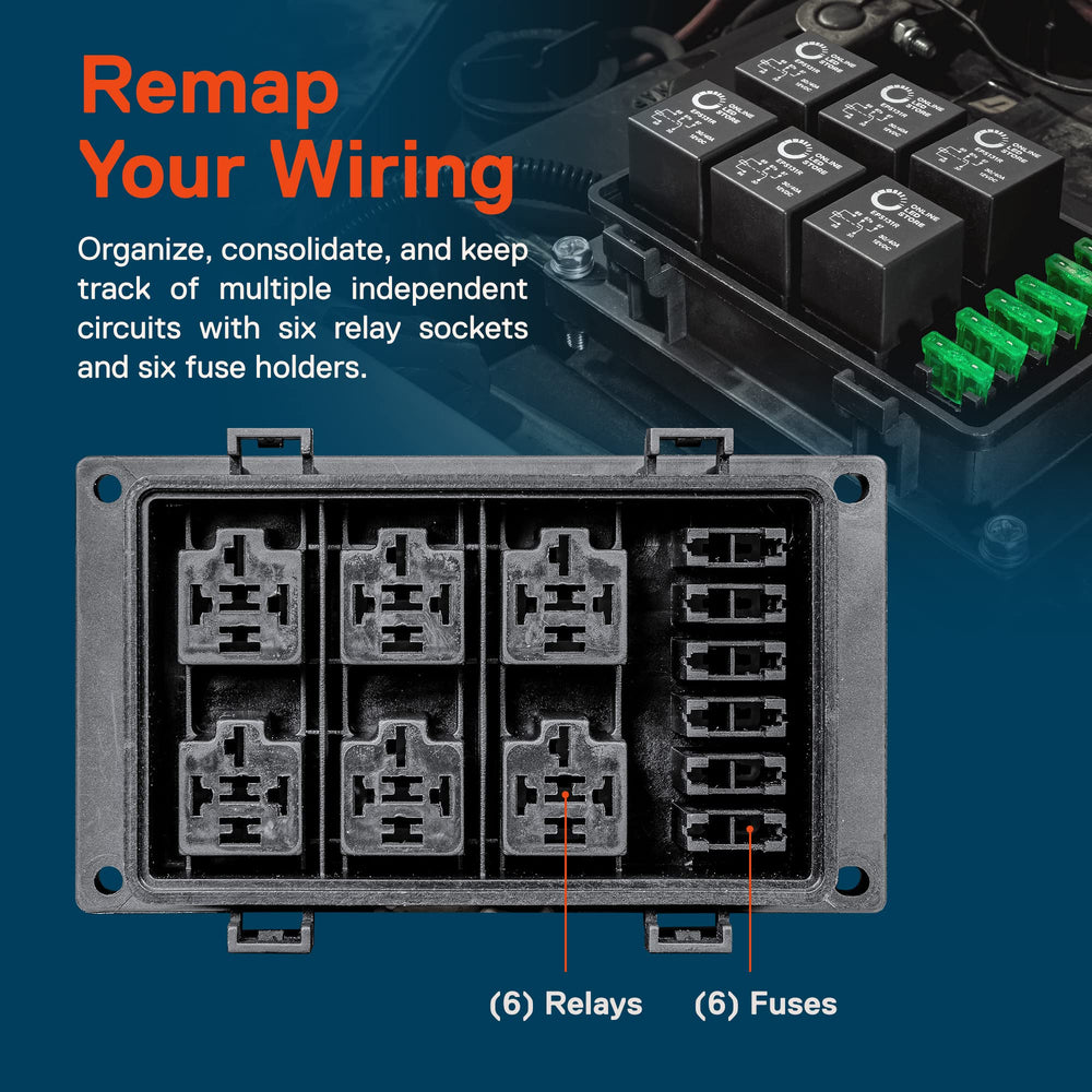 True Mods 12V DC Auto Waterproof Fuse 5-Pin Relay Box Block [6 Bosch Style Relay Holder] [6 ATC/ATO Fusible Holder] Universal Relay Block Box for Automotive Vehicles Cars Marine Boat Light Equipment