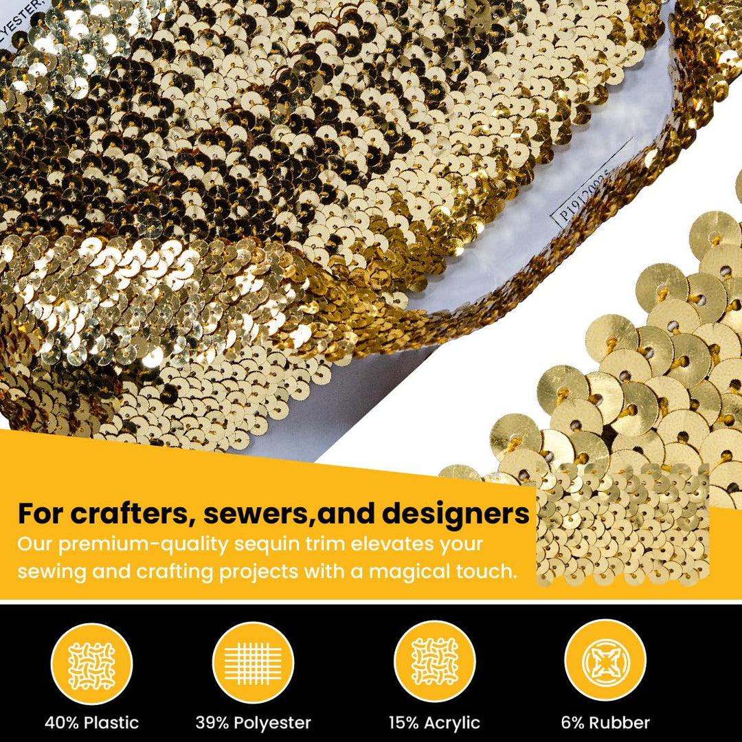 Trims By The Yard 4-Row Metallic Stretch Sequin Trim, 1 1/2-Inch Versatile Sequins for Crafts, Durable Sequin Trim for Costumes, Fashion, and Home Decor, 10 Yards Cut, Gold