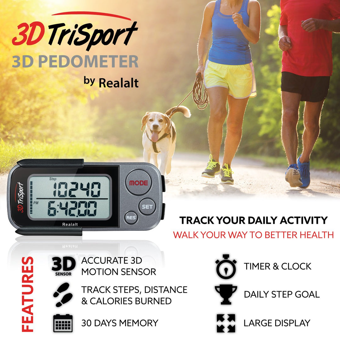 3DTriSport Walking 3D Pedometer with Clip and Strap, Free eBook | 30 Days Memory, Accurate Step Counter, Walking Distance Miles/Km, Calorie Counter (Grey, 3 L x 1.3 W x 0.4 H)