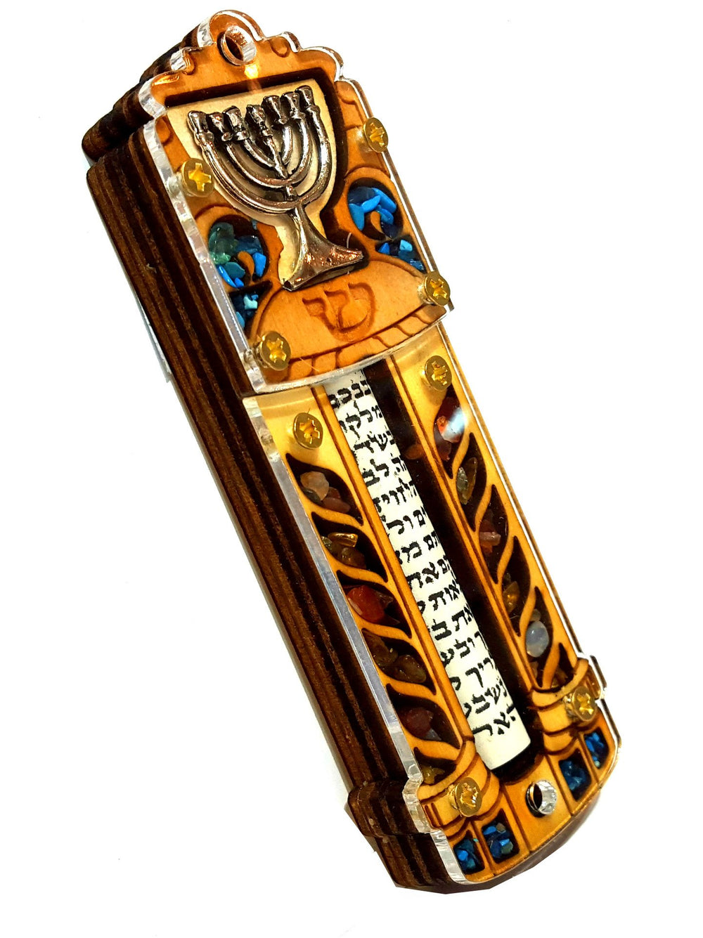 Jewish MEZUZAH CASE with Scroll Menorah Wood & Gems