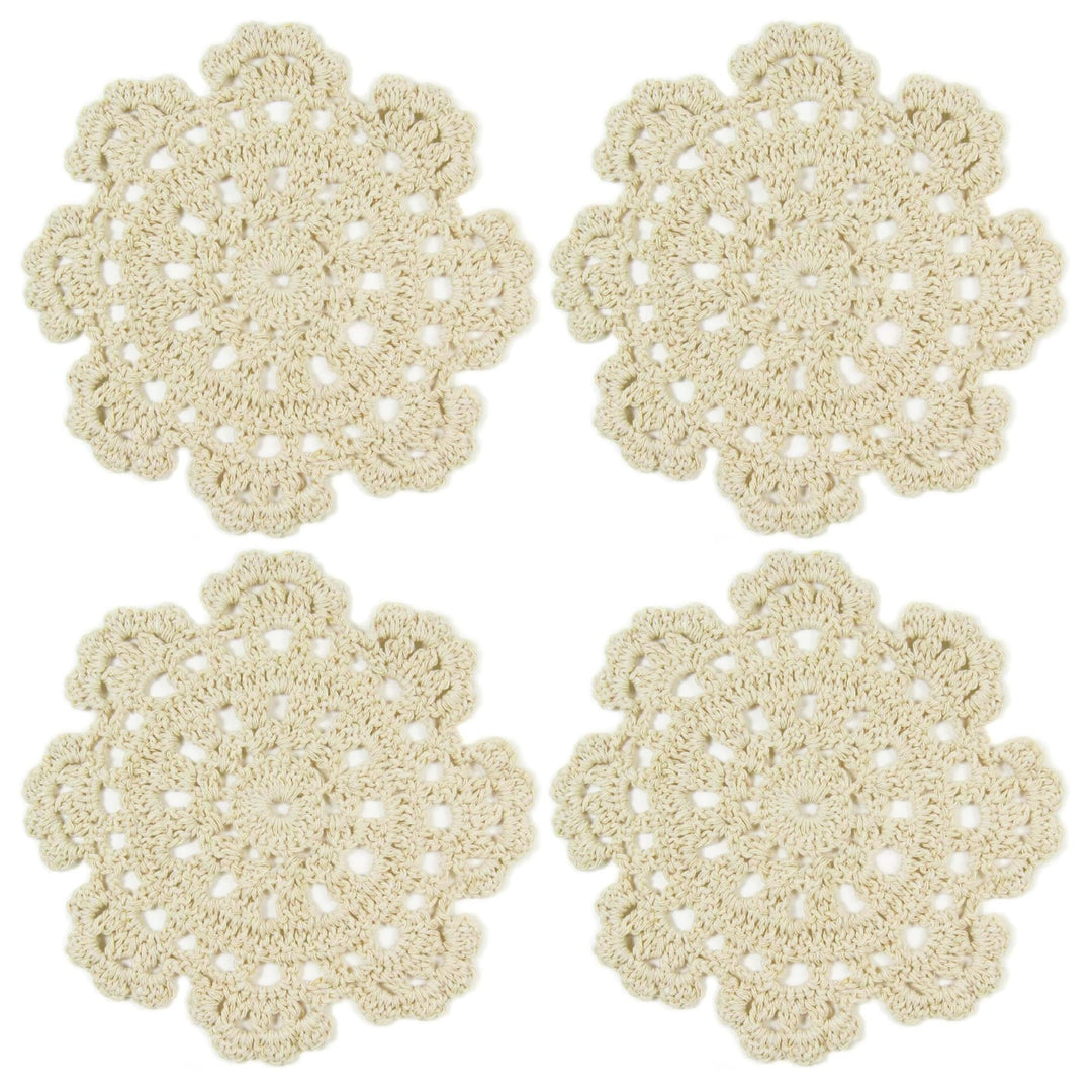 Small Handmade Crochet Round Cotton Lace Table Placemats Doilies for Cup/Glass Value Pack [Set of 4], Medallion, 5 inch, Beige