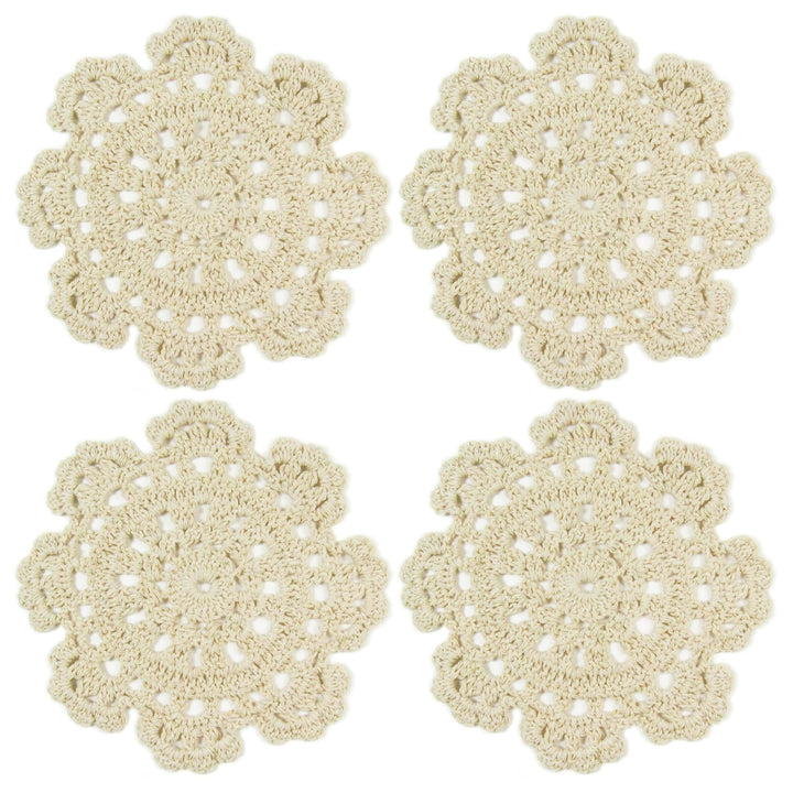 Small Handmade Crochet Round Cotton Lace Table Placemats Doilies for Cup/Glass Value Pack [Set of 4], Medallion, 5 inch, Beige