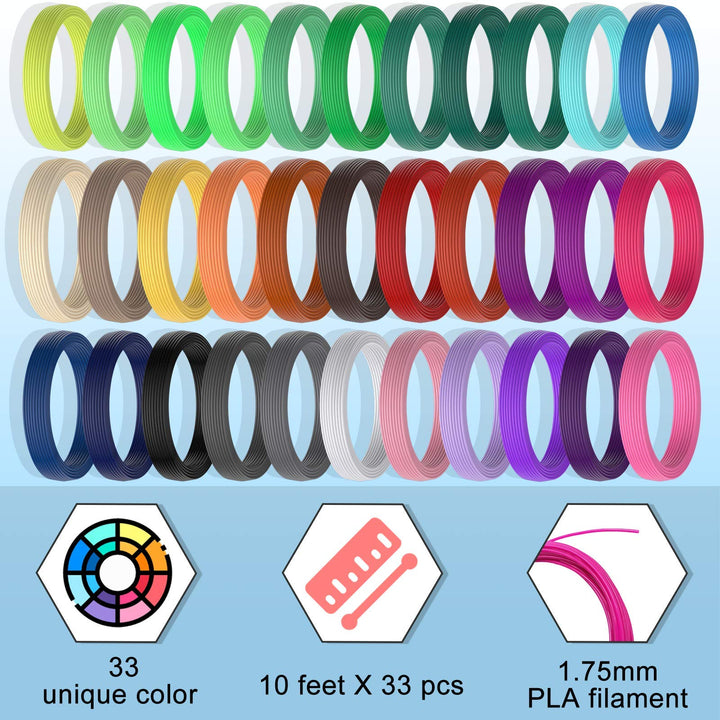 3D Pen PLA Filament, 33 Bright Colors, 1.75mm Filament for 3D Pen, Pla Filament Refills, 3D Replacement Pen Refills, Each Color 10feet, Total 330 Feet, 3 Glow in The Dark