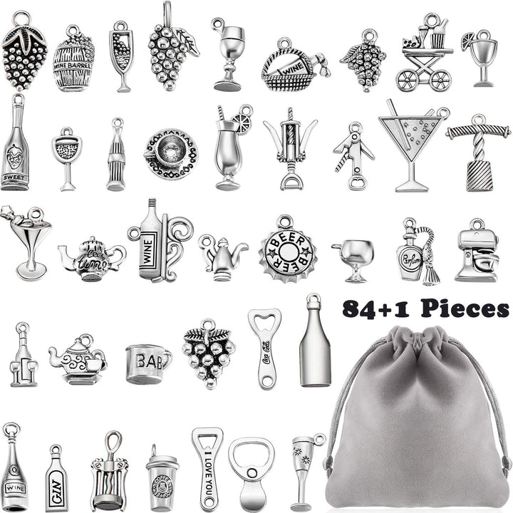 85 Pieces Wine Charms for Jewelry Making Wine Glass Charms Wine Charms for Bracelets Necklace Pendants Wine Themed Charms Craft with a Storage Bag