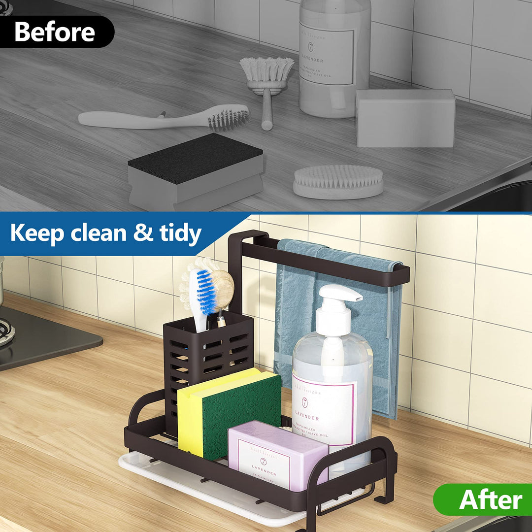 Sink Caddy Organizer, Kitchen Sink Caddy Bronze with Drain Tray Sponge Holder Brush Dishcloth Holder Hanger Countertop for Kitchen