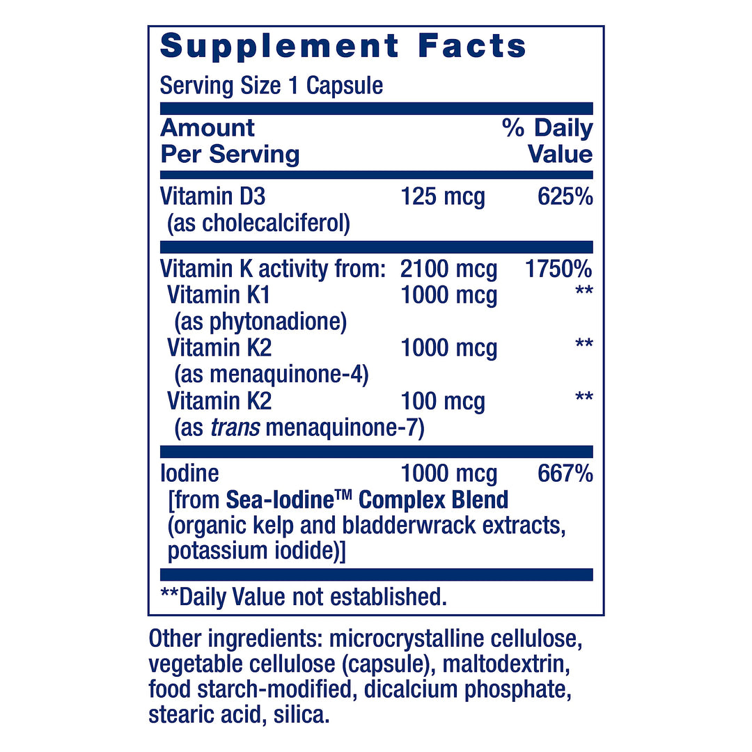 Vitamins D and K with Sea-Iodine, vitamin D3, vitamin K1 and K2, iodine, supports immune, bone, arterial and thyroid health, non-GMO, gluten-free, 60 capsules