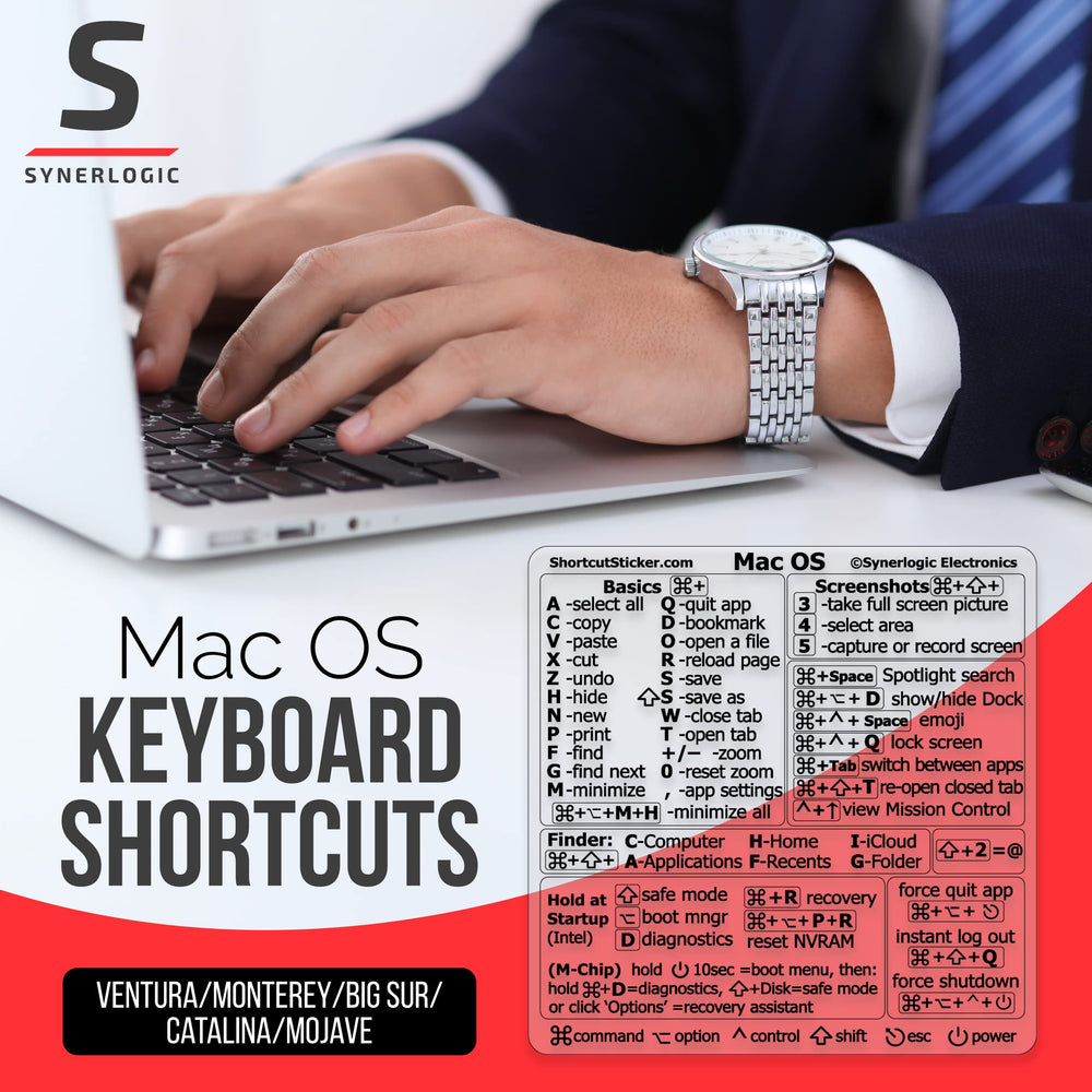 Mac OS Shortcuts Sticker | Mac Keyboard Stickers for Mac OS | No-Residue Laminated Vinyl MacBook Stickers for Laptop | MacBook Shortcut Stickers for 13-16 Air and Pro (Clear/Black)