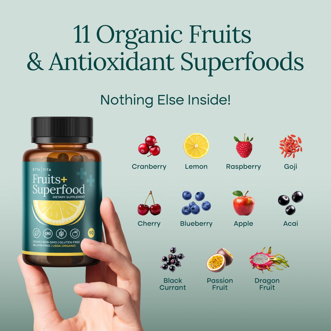 100% Organic Fruits and Veggies Supplement (USDA Organic - Made in USA) 180 Potent Fruits and Vegetable Capsules for Energy Boost &amp; Daily Fruit and Vegetable Vitamins - Vegan, Non-GMO, Gluten-Free