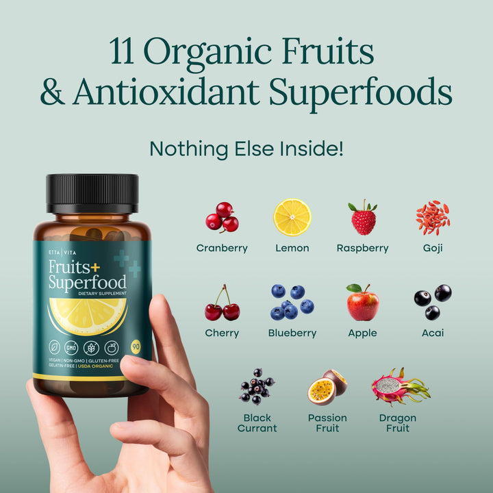 100% Organic Fruits and Veggies Supplement (USDA Organic - Made in USA) 180 Potent Fruits and Vegetable Capsules for Energy Boost &amp; Daily Fruit and Vegetable Vitamins - Vegan, Non-GMO, Gluten-Free