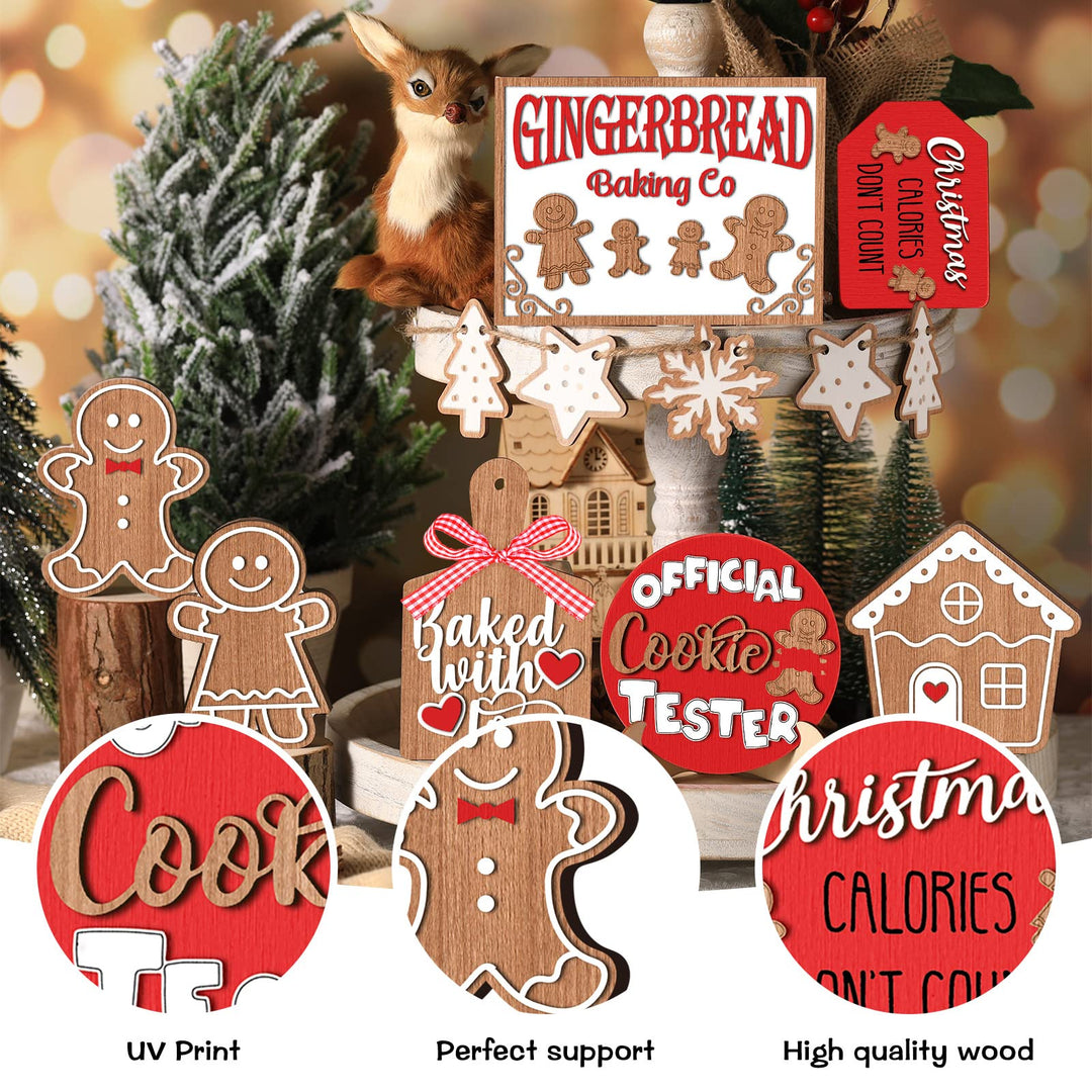 12 Pcs Christmas Tiered Tray Decorations Set Christmas Wooden Signs Tiered Tray Decor Xmas Gingerbread Man Snowflakes Pink Gnome Sign Rustic Farmhouse Decor for Home Table Shelf(Santa)