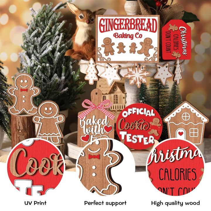 12 Pcs Christmas Tiered Tray Decorations Set Christmas Wooden Signs Tiered Tray Decor Xmas Gingerbread Man Snowflakes Pink Gnome Sign Rustic Farmhouse Decor for Home Table Shelf(Santa)