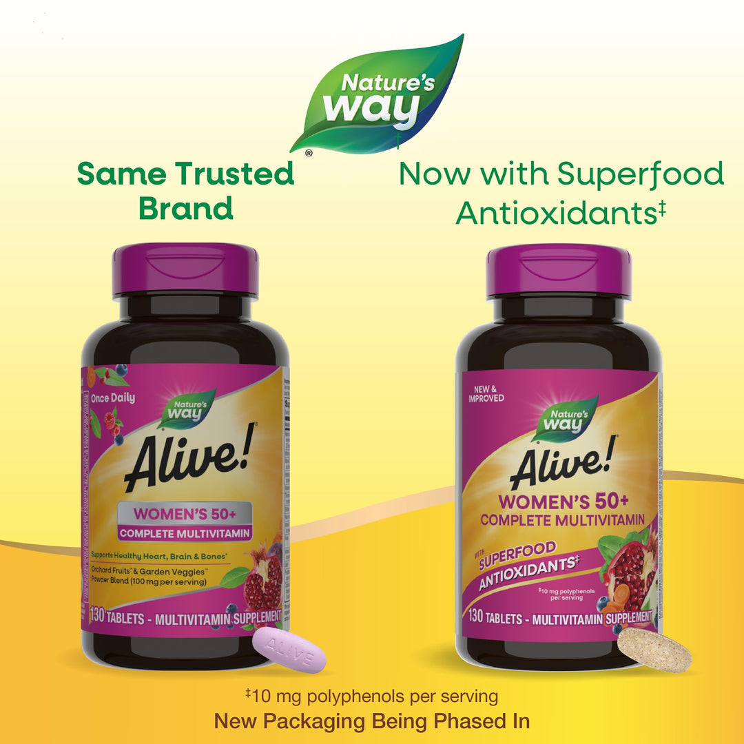 Nature's Way Alive! Women's 50+ Complete Multivitamin, Supports Healthy Heart, Brain, Bones*, Superfood Antioxidants**, B-Vitamins, Gluten Free, 130 Tablets (Packaging May Vary)