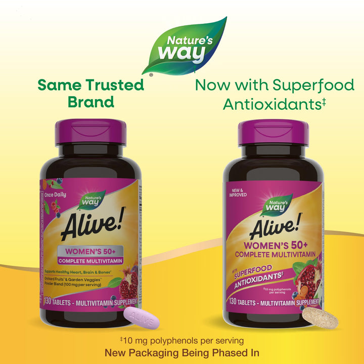 Nature's Way Alive! Women's 50+ Complete Multivitamin, Supports Healthy Heart, Brain, Bones*, Superfood Antioxidants**, B-Vitamins, Gluten Free, 130 Tablets (Packaging May Vary)