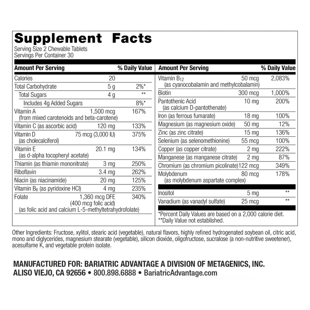 Chewable RP Multivitamin - for Bariatric Surgery Patients - with Iron, Copper, Vitamin C, A, Zinc & More - 100% DV of 18 Nutrients - 60 Count - Mixed Fruit