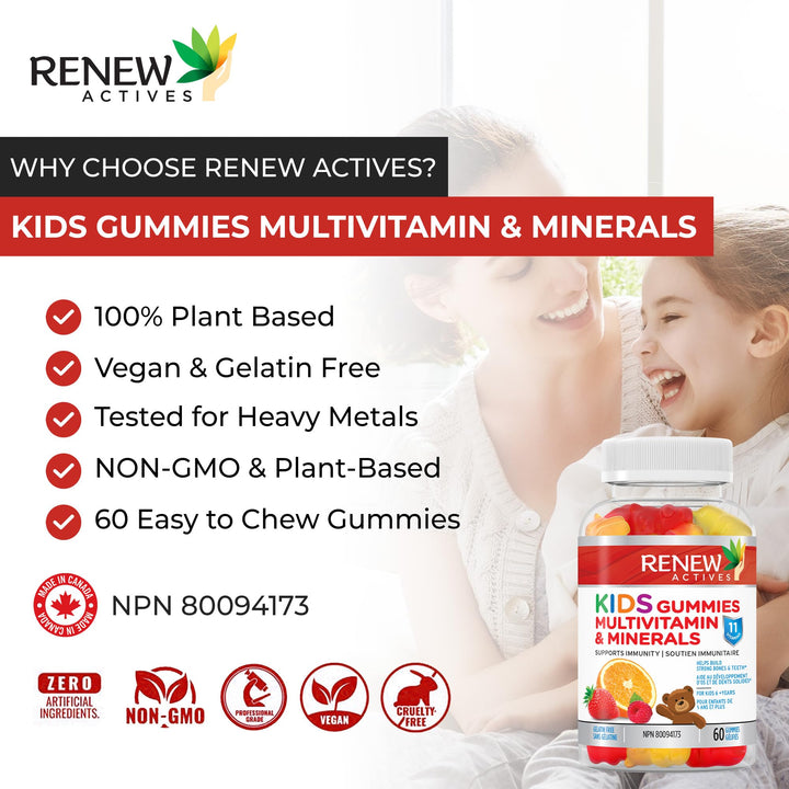 Renew Actives Kids Multivitamin 4 Gummies per Serving – Supports Health, Hair, Skin, Nails, Eyesight, Strong Bones, Teeth & Gums – Tasty & Nutrient-Rich for Growing Kids – Made in Canada – 60 Gummies