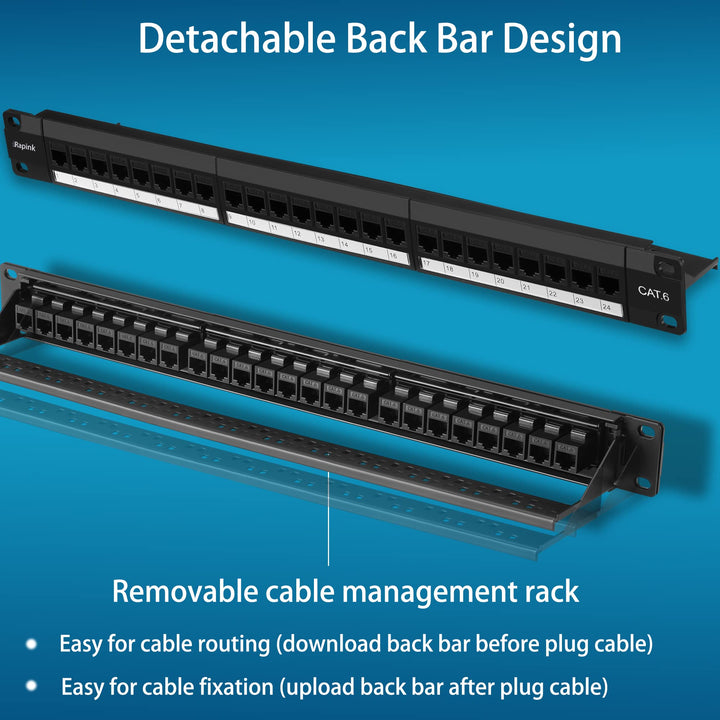Patch Panel 24 Port Cat6 with Inline Keystone 10G Support, Pass-Thru Coupler UTP 19-Inch with Removable Back Bar, 1U Network Patch Panel for Cat6, Cat5e, Cat5 Cabling