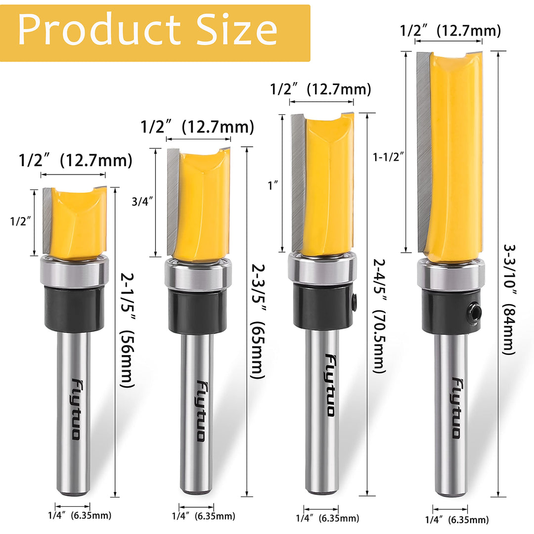 4PCS Pattern Flush Trim Router Bits Set 1/4 Shank, Carbide Top Bearing Flush Trim Router Bits, Template Guide Woodworking Milling Cutter Tool(Cutting Dia: 1/2)