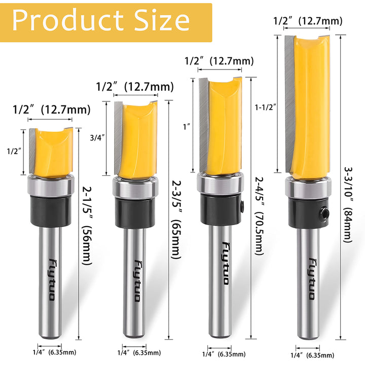 4PCS Pattern Flush Trim Router Bits Set 1/4 Shank, Carbide Top Bearing Flush Trim Router Bits, Template Guide Woodworking Milling Cutter Tool(Cutting Dia: 1/2)
