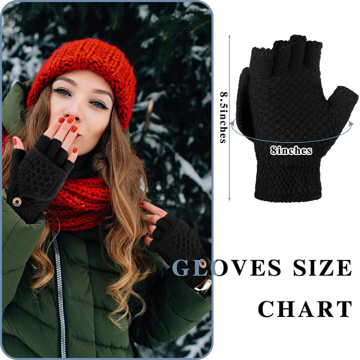 3 Pairs Knitted Convertible Fingerless Gloves Winter Flap Cover Convertible Gloves Warm Mittens for Women (Black, Dark Gray, Navy Blue)