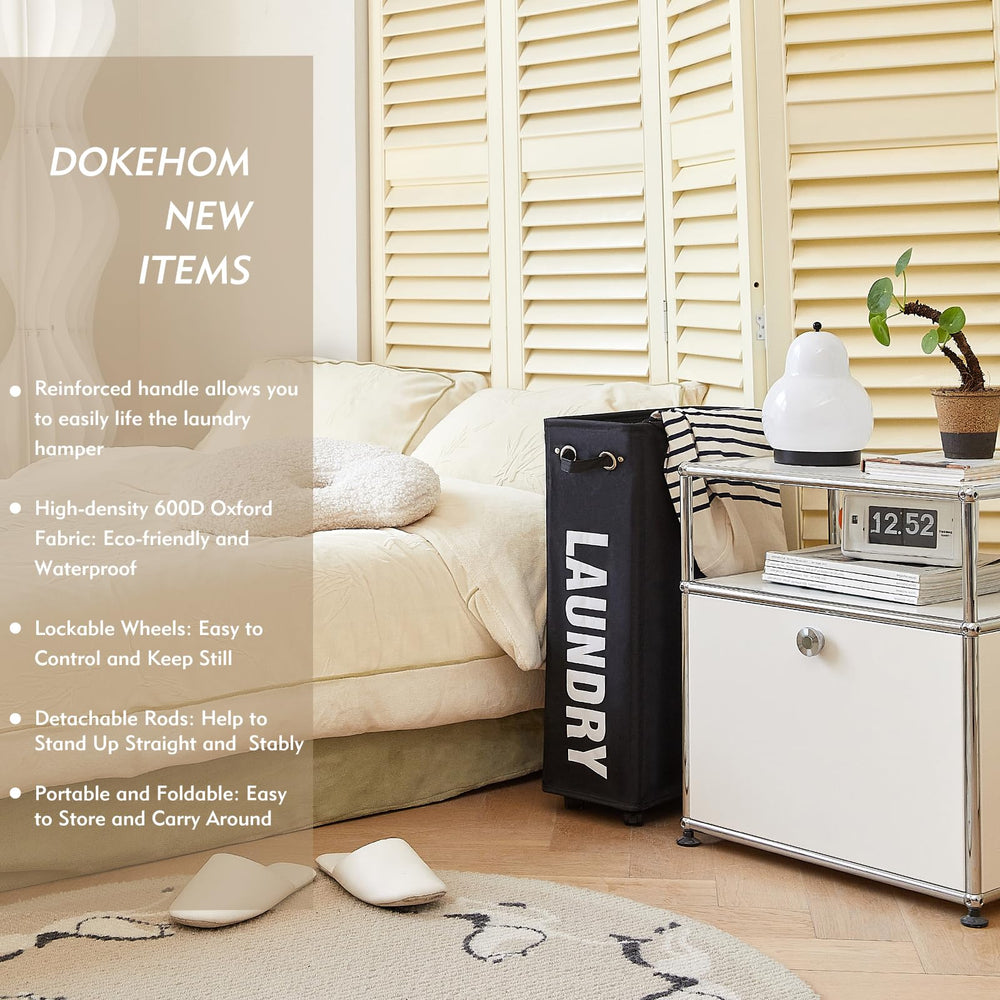 Slim Laundry Basket with Leather Handle on Wheels (4 Colors), Foldable Corner Storage Bins, Collapsible Rolling Laundry Hamper (Black, Slim)