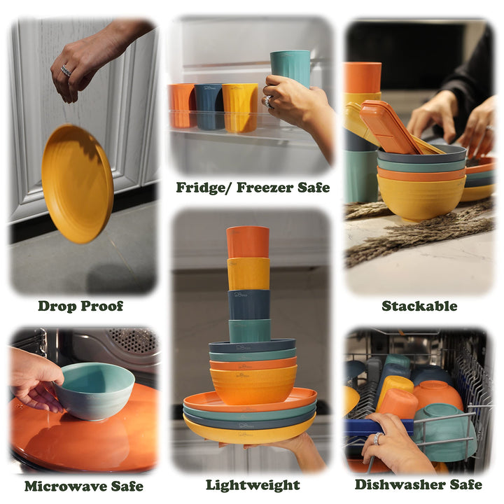 Wheat Straw Dinnerware Sets For 4 36pc - Unbreakable Dinnerware is Microwave Safe Dinnerware - Elders Kids Plates And Bowls Sets Replace Plastic Dishes Set - RV Camping Dishes - Kids dishes