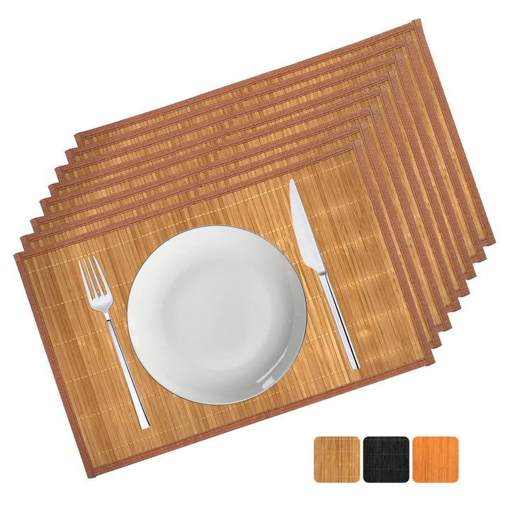 Set of 8 Pcs Bamboo Placemats with Fabric Border Sushi Rolling Mat Japanese Style Natural Anti-Slip Bamboo Placemats Washable Heat-Resistant Table Mats for Dining Room and Kitchen(Coffee)