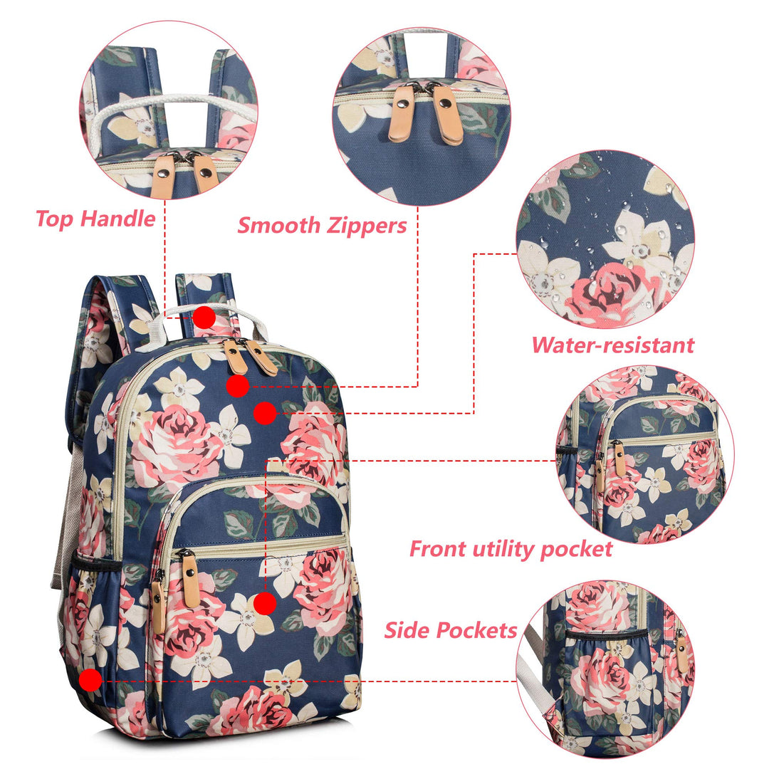 Floral School Backpack for Girls Travel Bag Bookbag Satchel Dark Blue