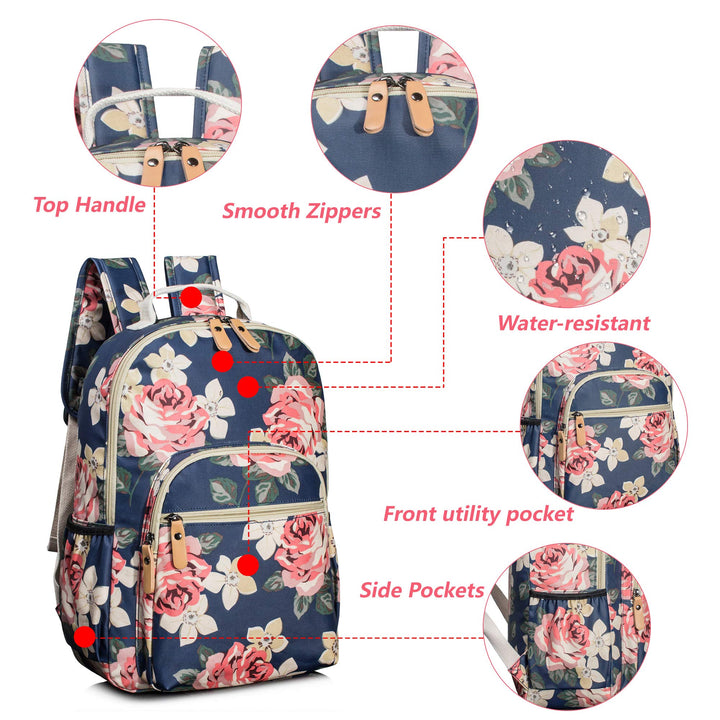 Floral School Backpack for Girls Travel Bag Bookbag Satchel Dark Blue